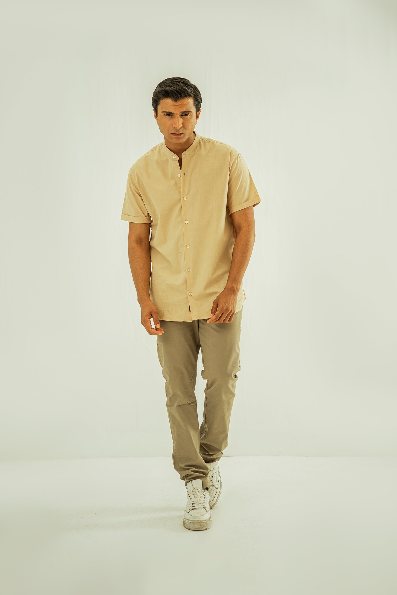 Beige Basic Short Sleeves Mandarin Shirt