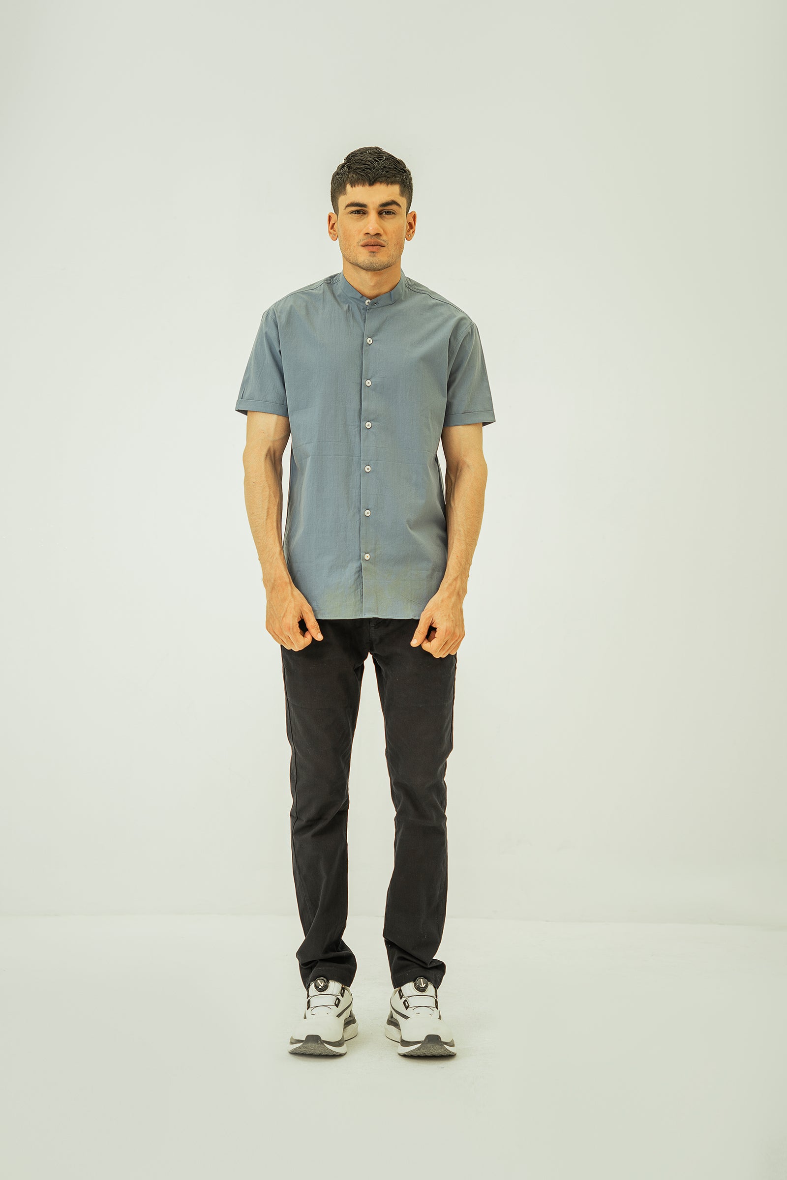 Blue Basic Short Sleeves Mandarin Shirt