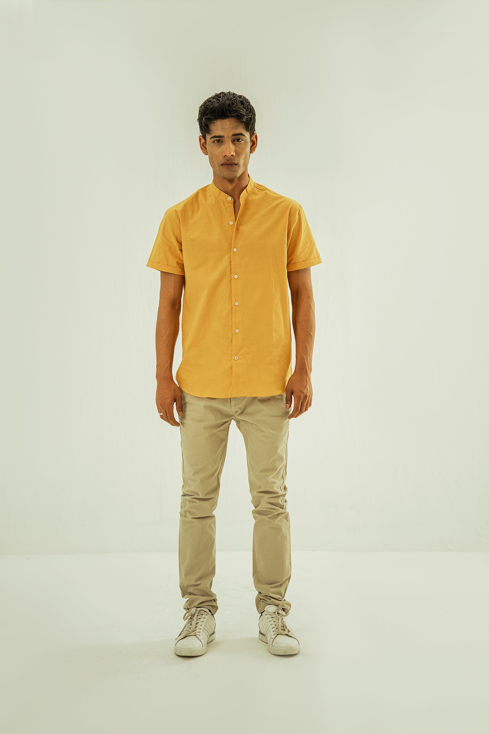 Mustard Basic Short Sleeves Mandarin Shirt