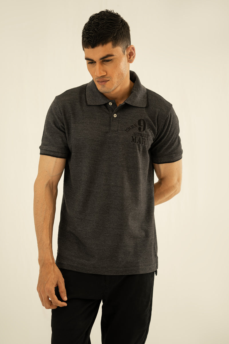 Charcoal Grey Embroidered Polo T Shirt