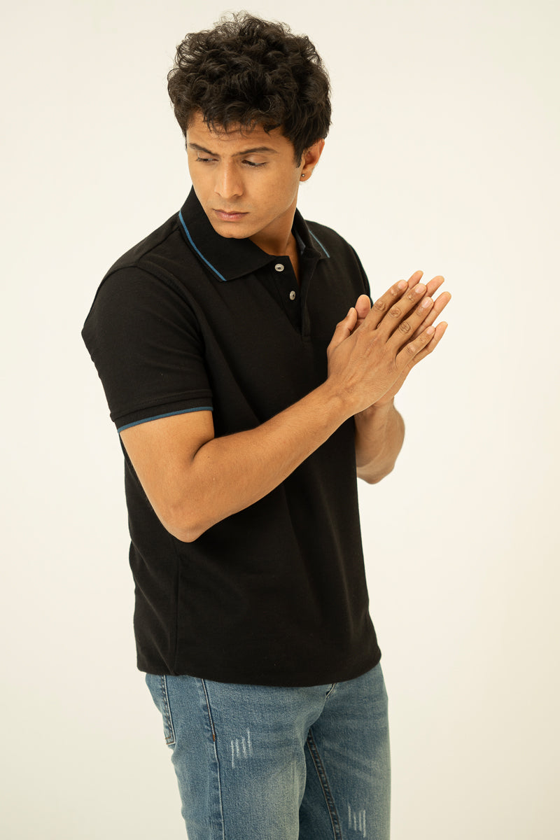 Black Embroidered Polo T Shirt