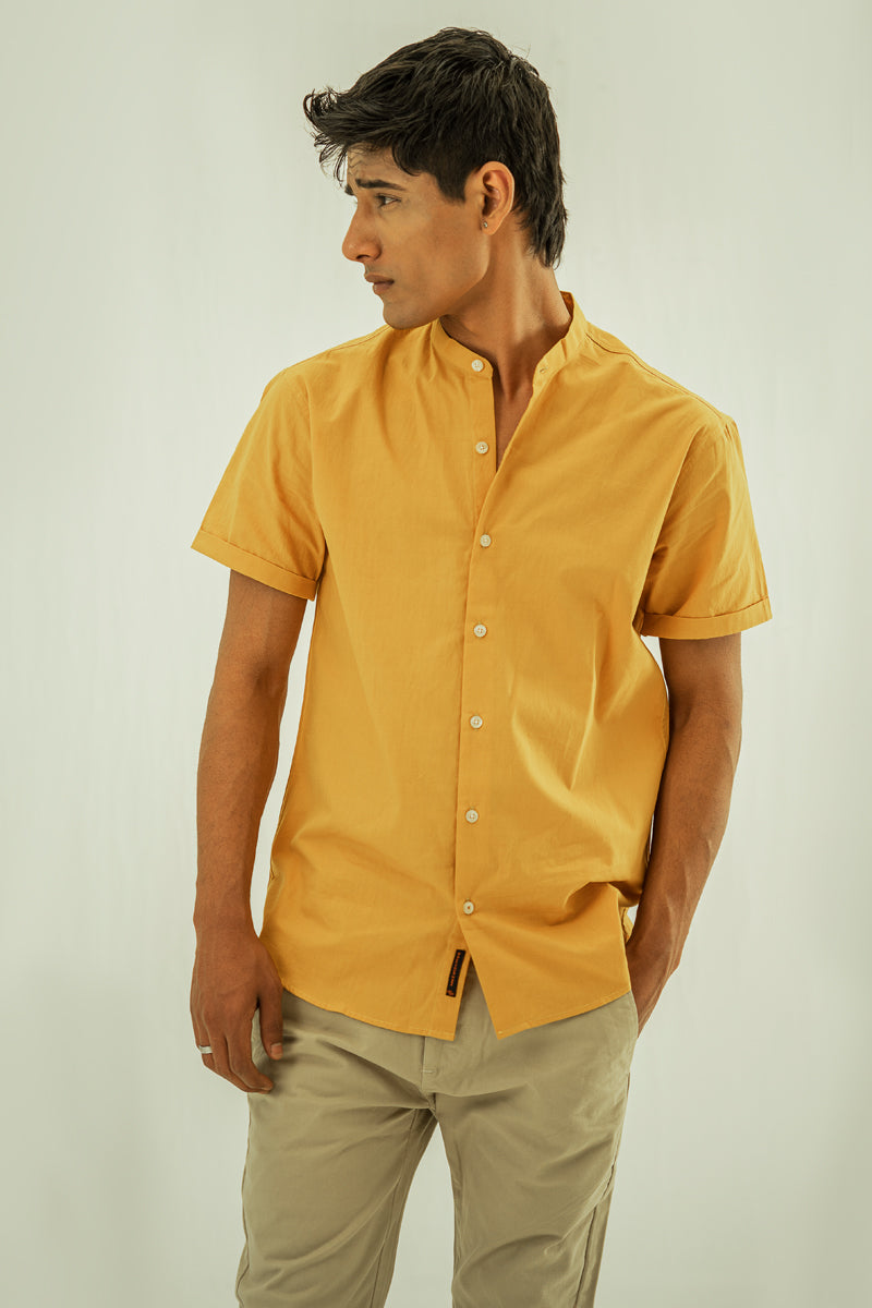 Mustard Basic Short Sleeves Mandarin Shirt