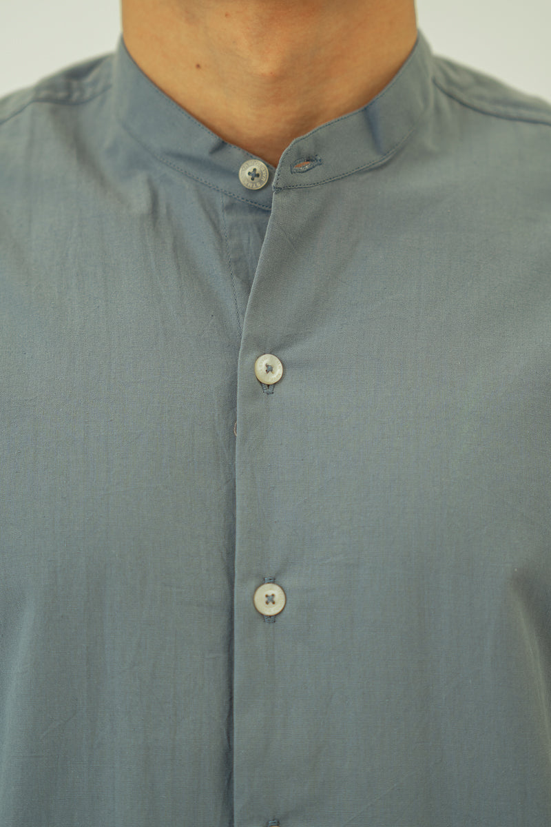 Blue Basic Short Sleeves Mandarin Shirt