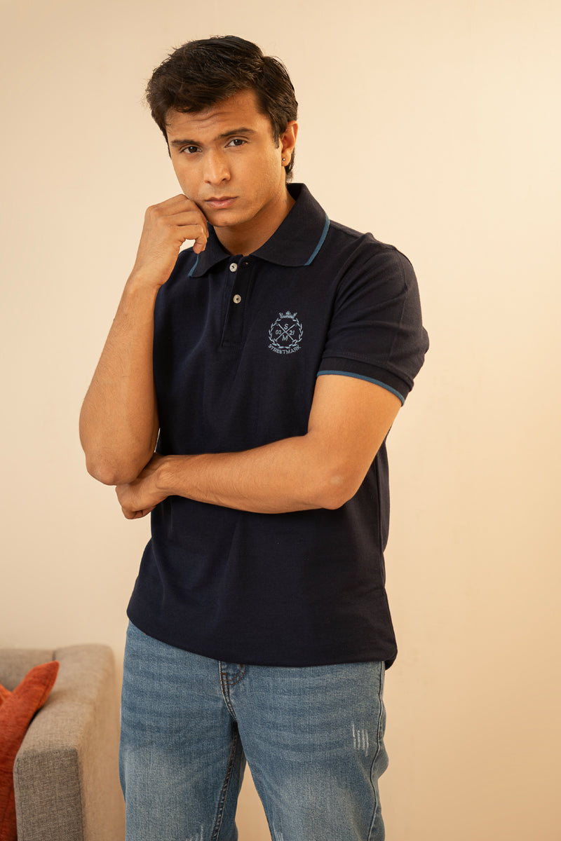 Blue Embroidered Polo T Shirt