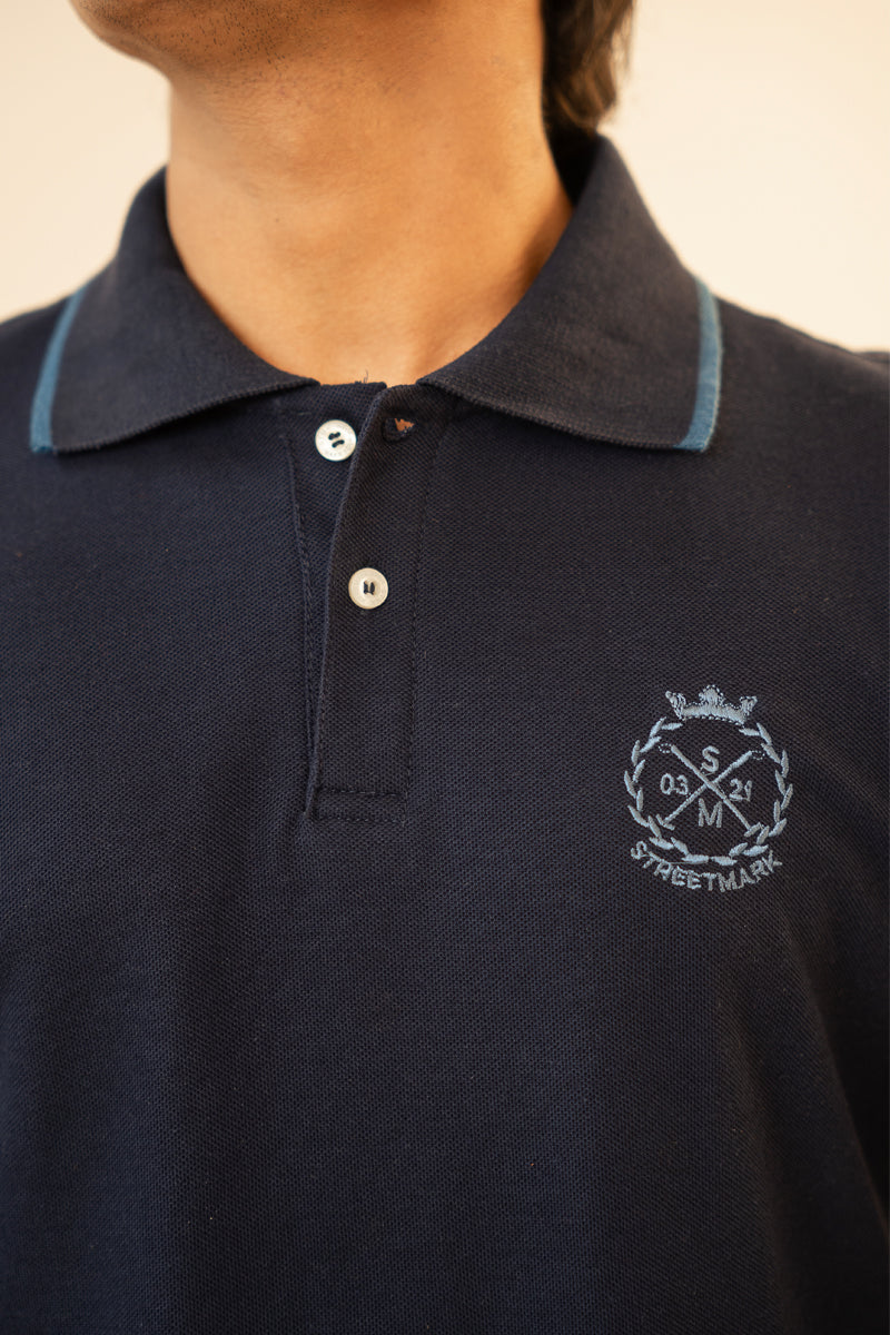 Blue Embroidered Polo T Shirt