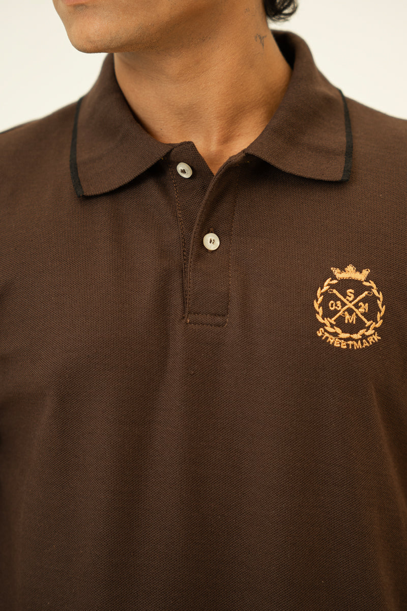 Brown Embroidered Polo T Shirt