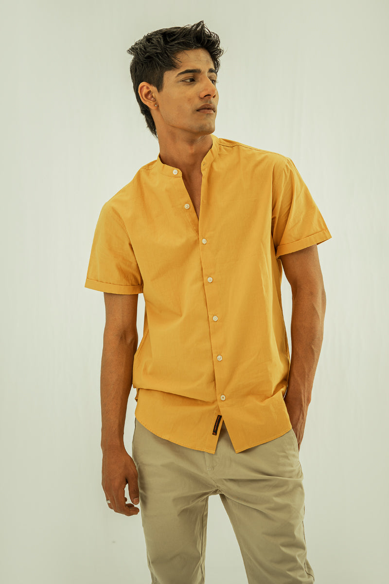 Mustard Basic Short Sleeves Mandarin Shirt