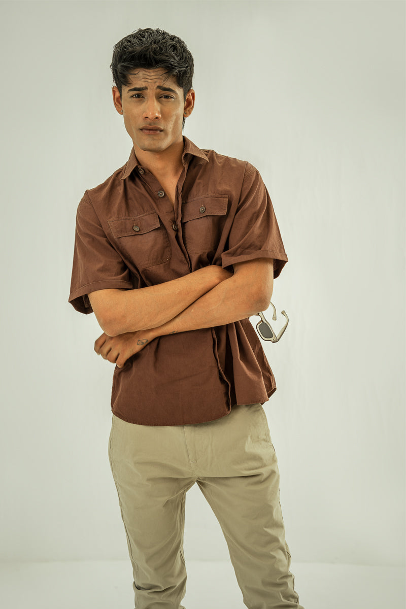 Brown Short Sleeve Over Sized Shirt