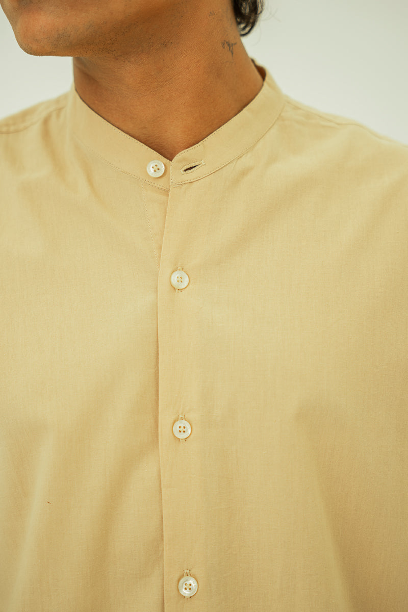 Beige Basic Short Sleeves Mandarin Shirt