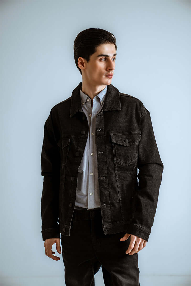 Textured Black Basic Denim Jacket